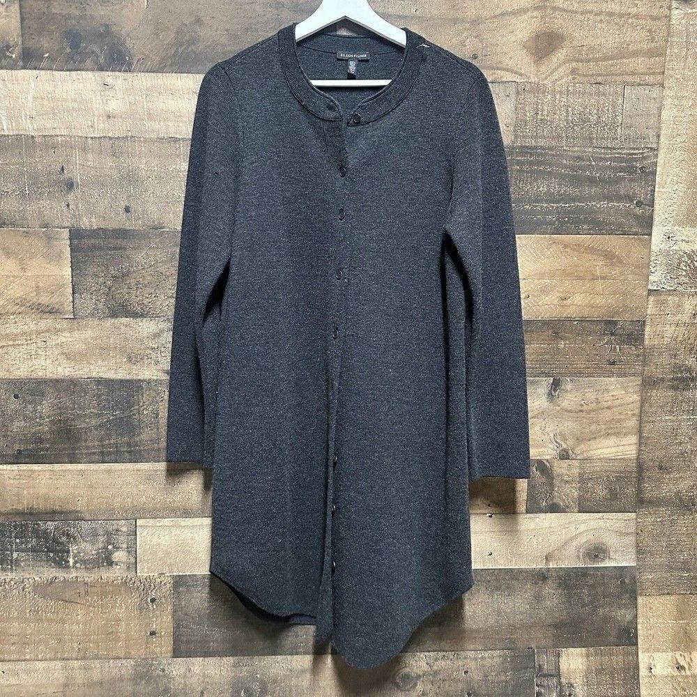 Eileen Fisher Long Cardigan Duster 100% Merino Wool Womens Sz SP Gray Button-Up